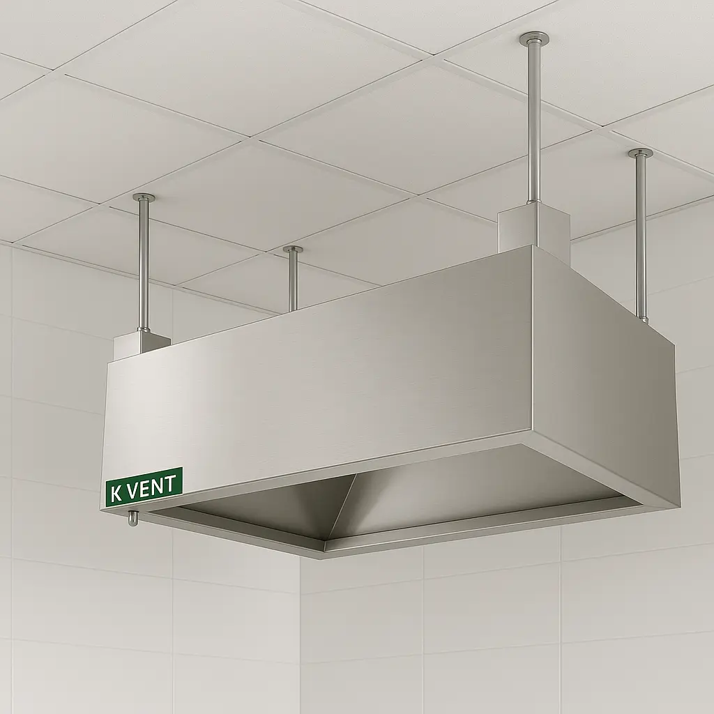Commercial condensate hood capturing steam and vapor above dishwashers and ovens