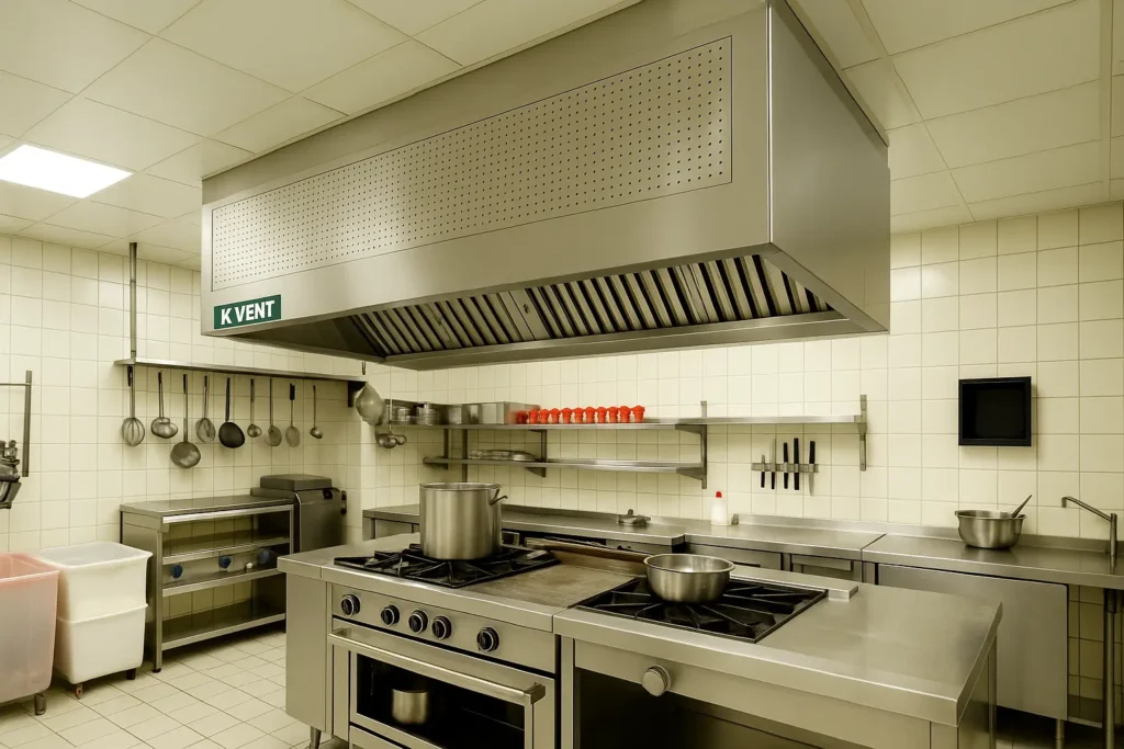 Close-up view of KVENT standard kitchen hood featuring stainless steel baffle filters for grease removal