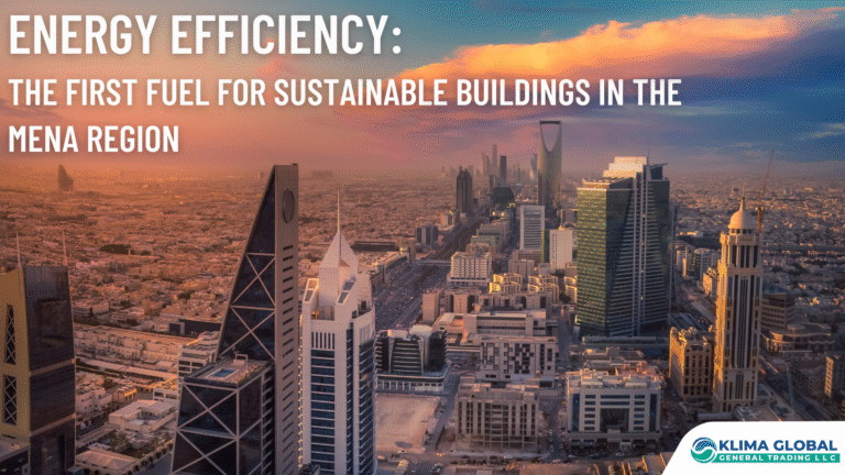 Modern energy-efficient commercial building with large glass windows, surrounded by green landscaping and clear skies, representing sustainable architecture in the MENA region.
