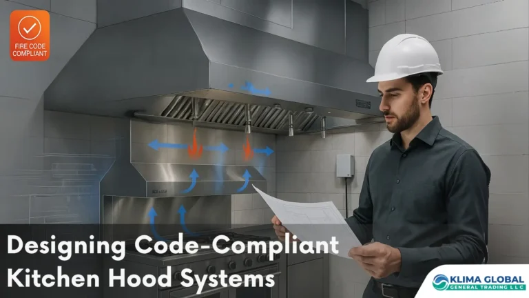 Commercial kitchen hood design with fire suppression nozzles, ducting, and airflow layout, showcasing code-compliant ventilation system in a GCC professional kitchen