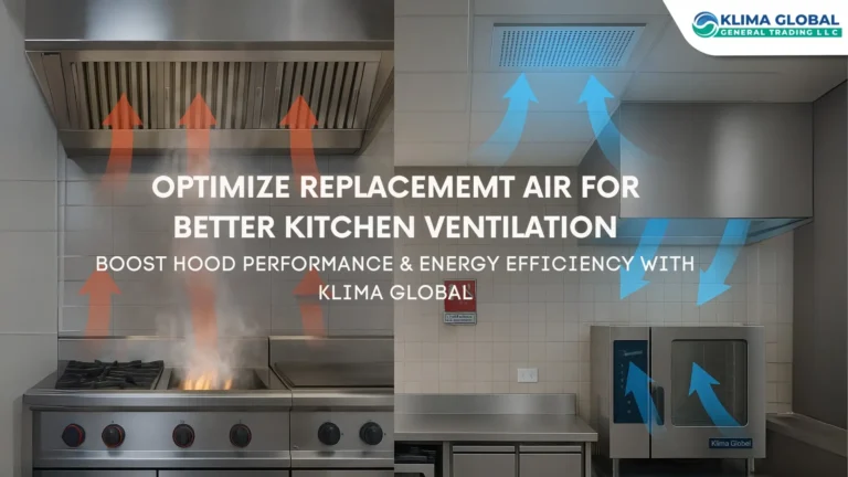 Commercial kitchen airflow diagram showing replacement air system with ceiling diffusers and back-of-hood plenums improving hood performance in a GCC setting.