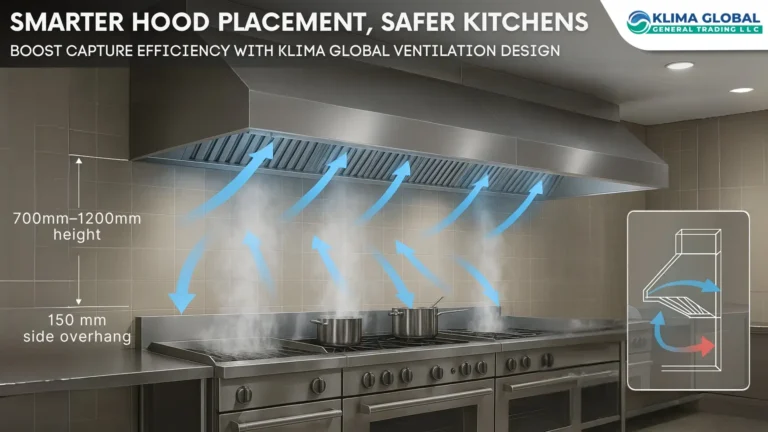 Kitchen hood capture efficiency visual showing properly placed canopy hood with airflow arrows, overhang spacing, and compliant design for UAE and GCC kitchens.