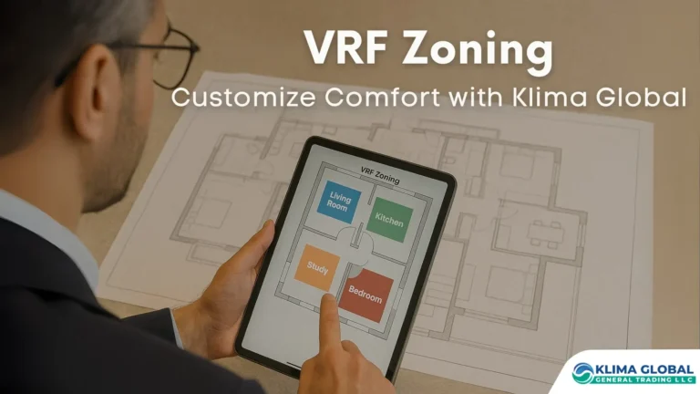 Toshiba VRF zoning plan showing labeled temperature zones across a modern UAE home with controller icons