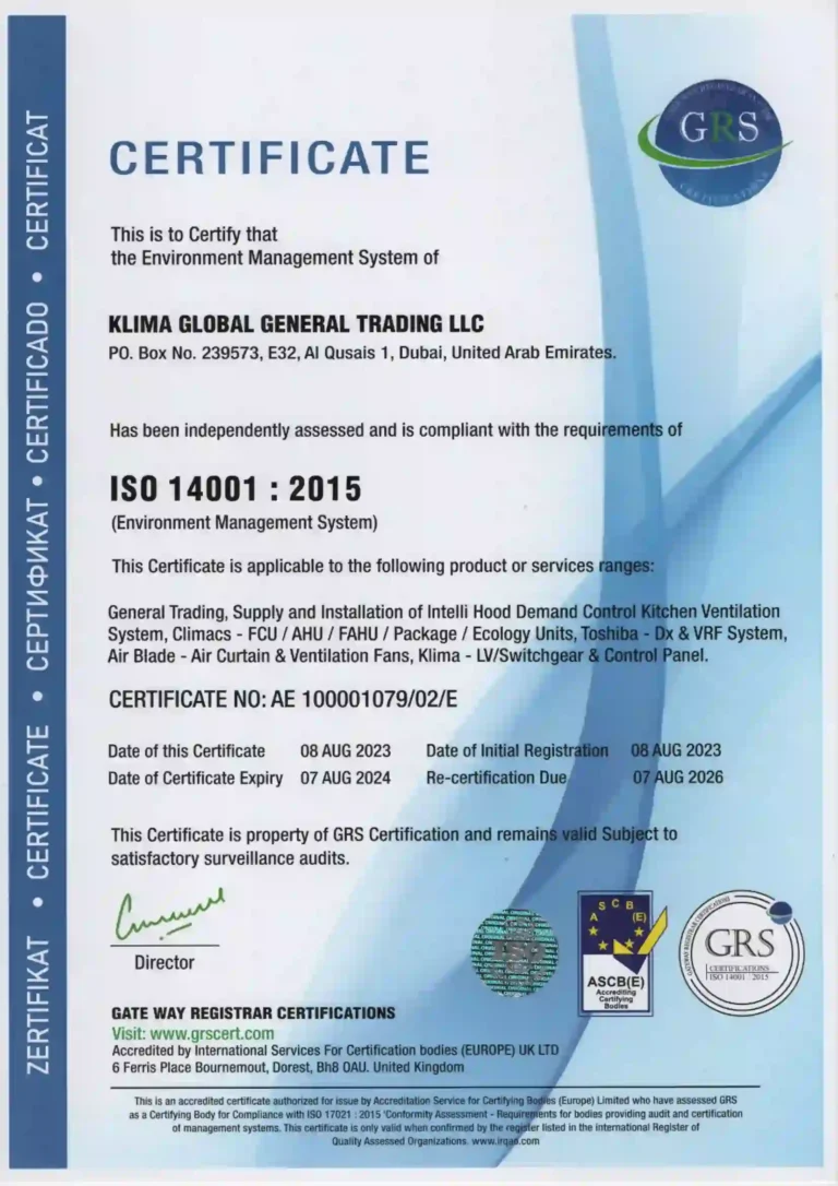 ISO 14001 certificate for the Environment Management System of Klima Global General Trading LLC, UAE.