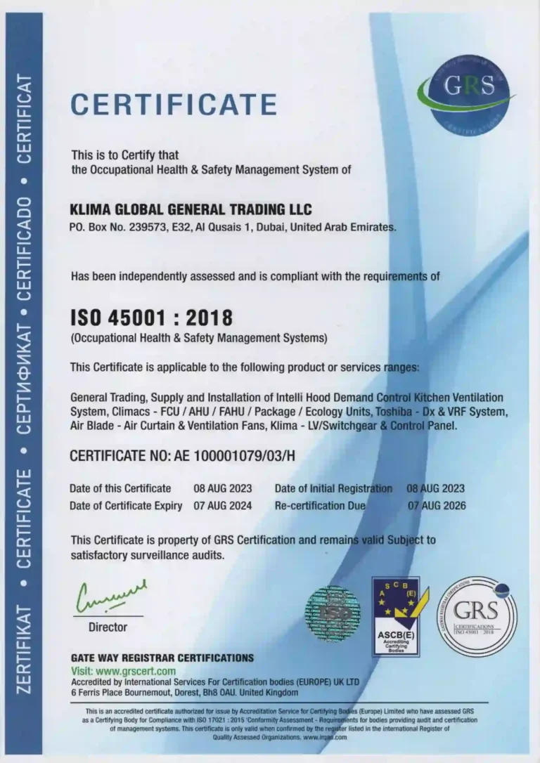 ISO 45001 certificate for the Occupational Health & Safety Management System of Klima Global General Trading LLC, UAE.