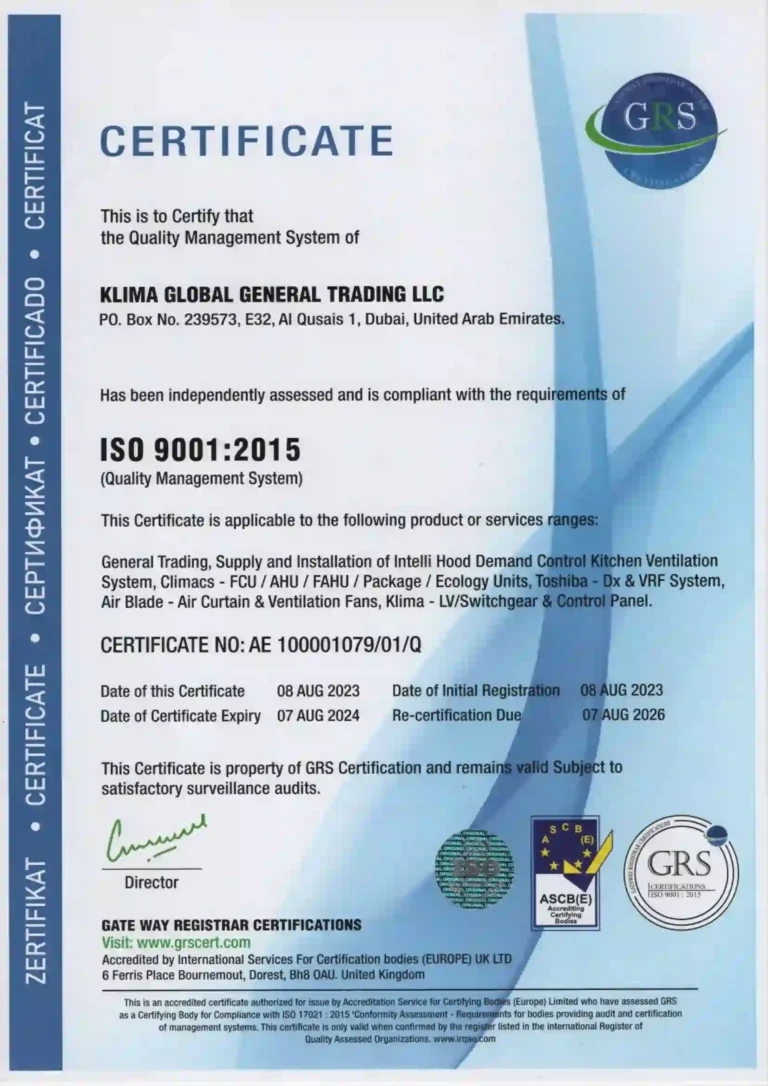 ISO-9001 Certificate for the Quality Management System of Klima Global General Trading LLC, UAE.