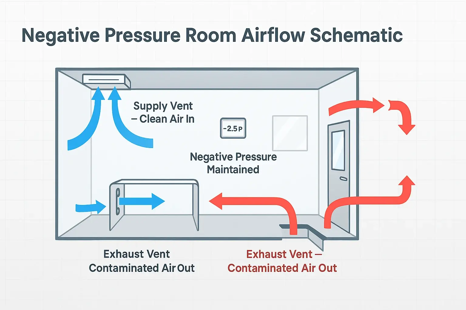 Technical diagram illustrating supply and exhaust airflow patterns in a negative pressure hospital isolation rooms with directional arrows and pressure monitoring.