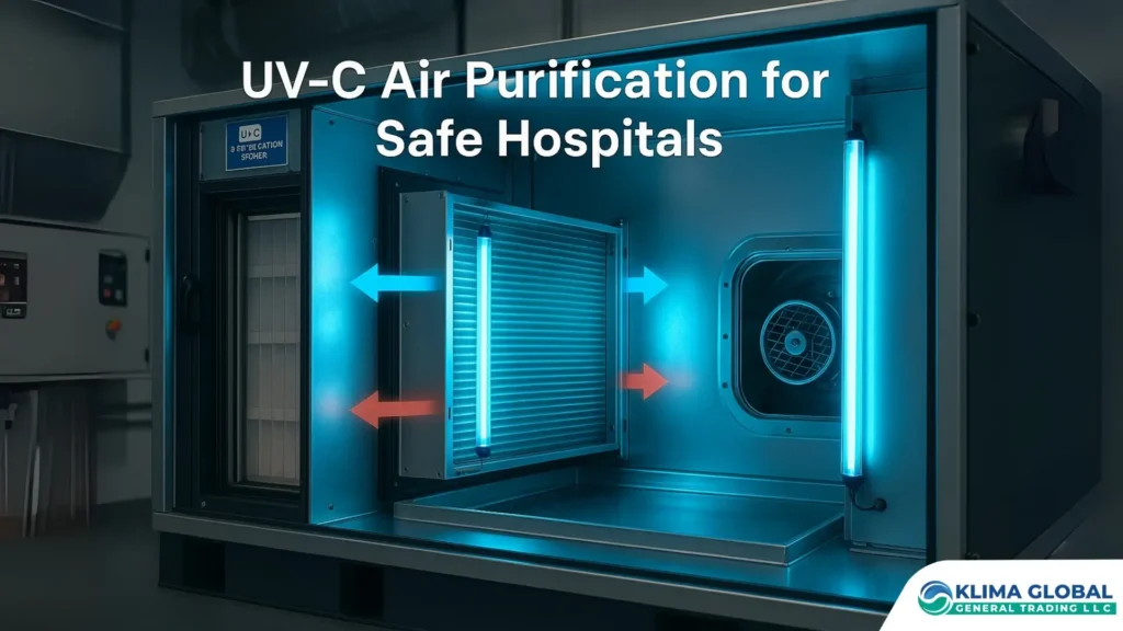 Interior of a hospital AHU showing UV-C air purification with glowing UV-C lamps sterilizing cooling coils, enhancing safe and clean hospital HVAC operation.