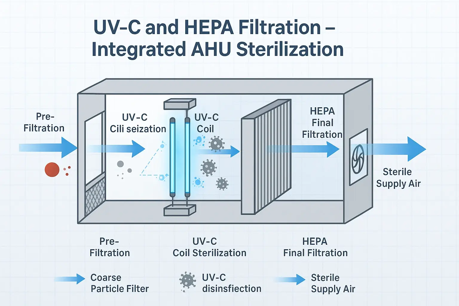 Technical schematic of UV-C air purification in a hospital AHU, illustrating pre-filtration, UV-C coil sterilization, and HEPA final filtration producing sterile supply air.