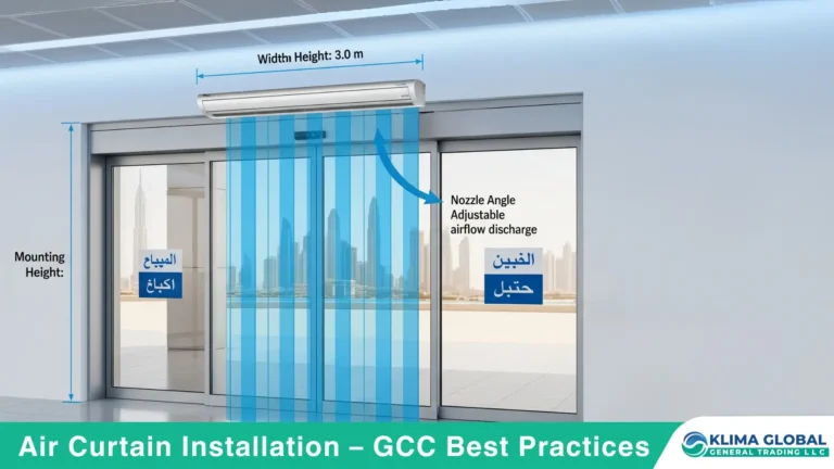 Air curtain installation diagram showing mounting height, nozzle angle, and door sensor/BMS integration in a GCC entrance.