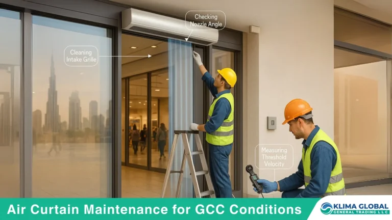 Technician performing air curtain maintenance at a Dubai mall entrance with anemometer and grille cleaning.