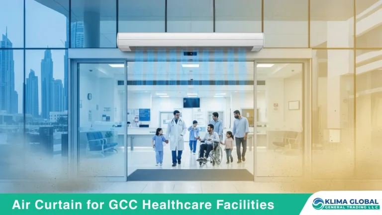 Hospital air curtain installed in GCC healthcare facility entrance to improve air quality and hygiene.