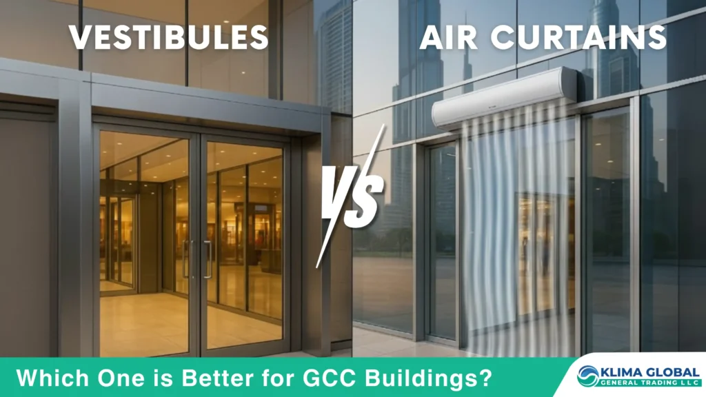 Air curtains vs vestibules comparison for energy saving entrance solutions in UAE, Oman, Saudi, Qatar, Kuwait and Bahrain.
