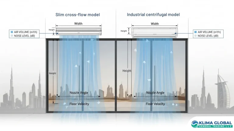 Diagram showing air curtain selection guide with door height, width, and nozzle angle for a GCC entrance.