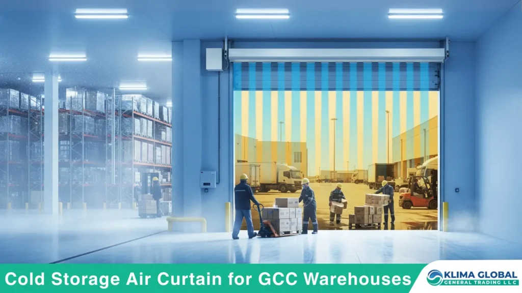 Cold storage air curtain operating at GCC warehouse door to maintain temperature and hygiene.