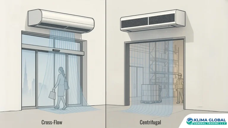 Air Curtain Comparison showing cross-flow retail unit vs centrifugal industrial unit in GCC setting.