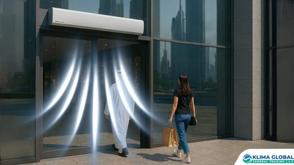 Photorealistic view of a modern Dubai shopping mall entrance with open glass doors fitted with a Klima Global Airblade air curtains, showing a woman with shopping bags and an Arab man entering, with Dubai skyline reflections in the background.