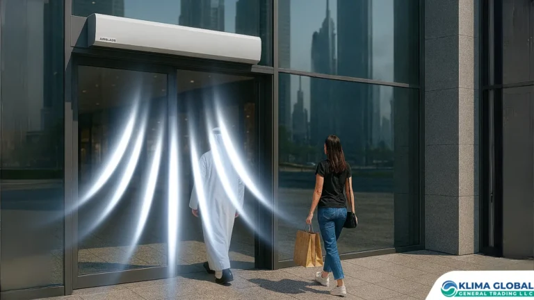 Photorealistic view of a modern Dubai shopping mall entrance with open glass doors fitted with a Klima Global Airblade air curtains, showing a woman with shopping bags and an Arab man entering, with Dubai skyline reflections in the background.