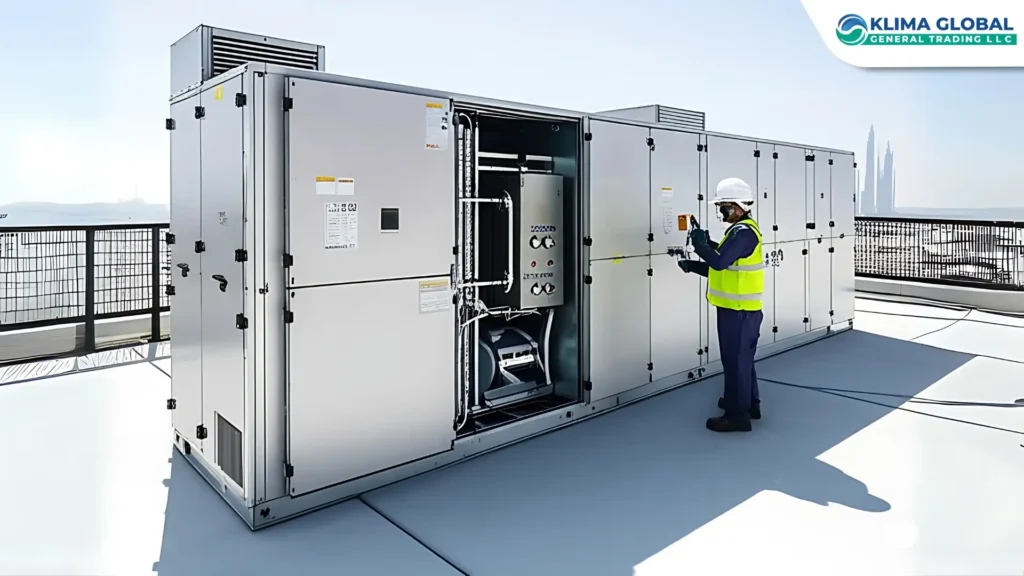 Fresh Air Handling Units in UAE rooftop installation – CLIMACS FAHU shown in side-angle view with double-skin panels, filter doors open, chilled-water coil, and engineer inspecting differential pressure gauge.