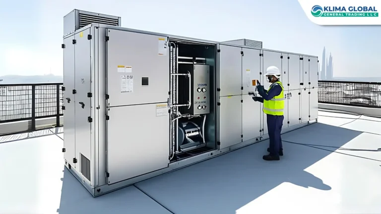 Fresh Air Handling Units in UAE rooftop installation – CLIMACS FAHU shown in side-angle view with double-skin panels, filter doors open, chilled-water coil, and engineer inspecting differential pressure gauge.