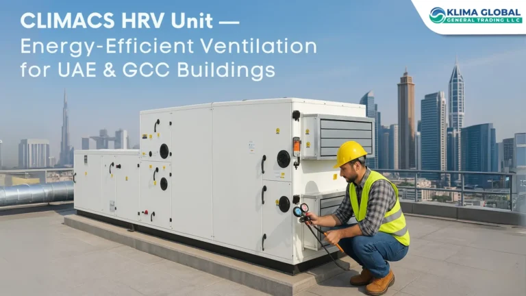 Heat Recovery Ventilation supplier installing a CLIMACS HRV system on a UAE rooftop with Dubai skyline in background – energy-efficient ventilation solution.