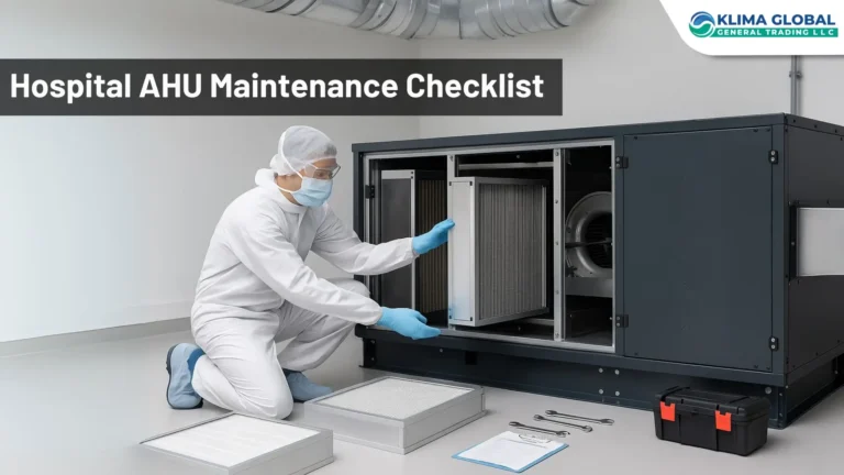 Technician performing HAHU maintenance checklist in a hospital setting, replacing HEPA filters inside an ACS CLIMACS air handling unit with tools and safety gear visible.