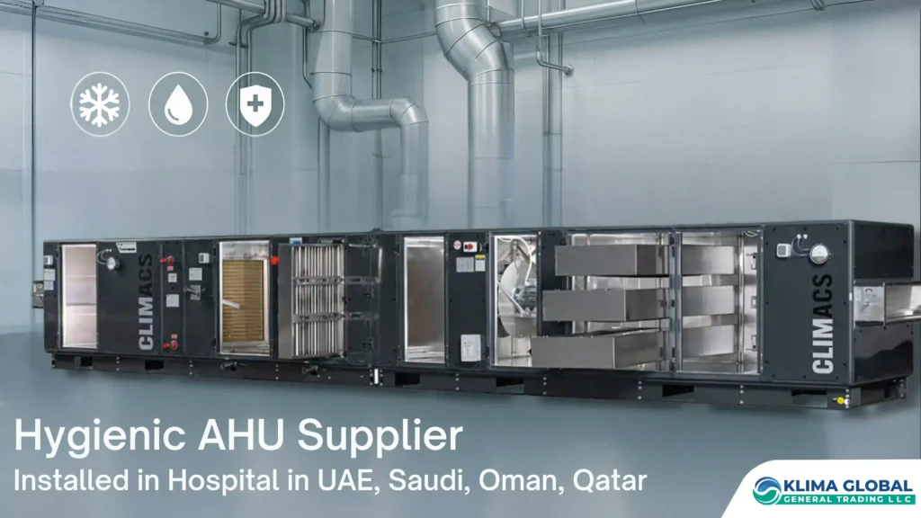 Hygienic Air Handling Unit Supplier in UAE providing Eurovent-certified AHU installed in hospital mechanical room for infection control and clean air delivery.