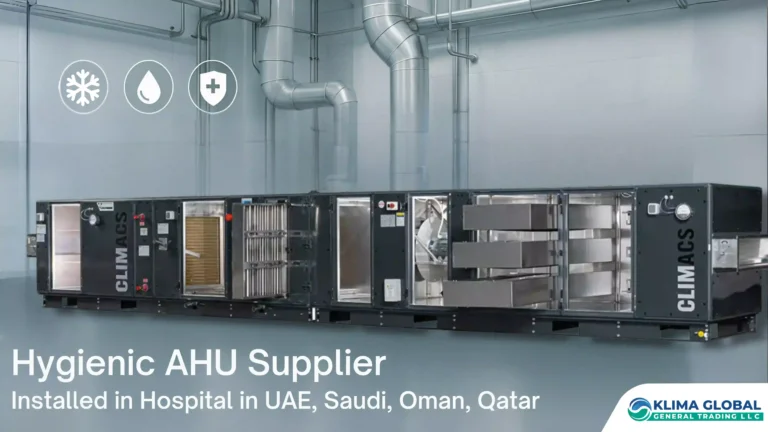 Hygienic Air Handling Unit Supplier in UAE providing Eurovent-certified AHU installed in hospital mechanical room for infection control and clean air delivery.