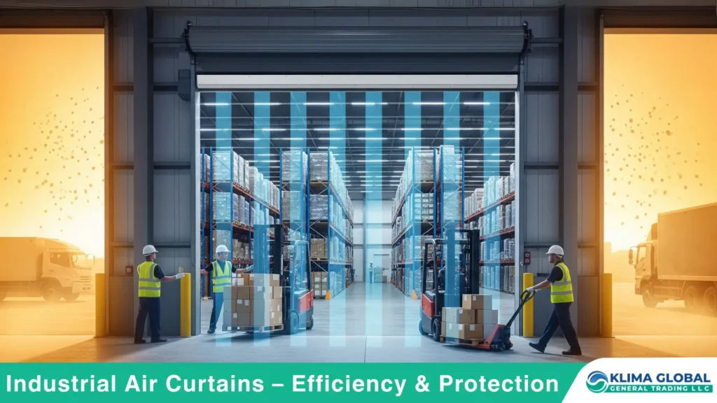 Industrial air curtain installed in GCC warehouse loading dock separating cool indoor air from hot outdoor air.