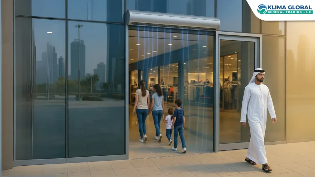 Retail air curtains solution at shopping mall entrance in Dubai keeping cool air inside.