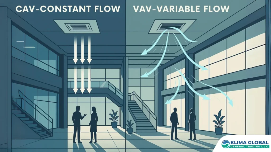 VAV vs CAV airflow comparison inside a GCC commercial building interior.