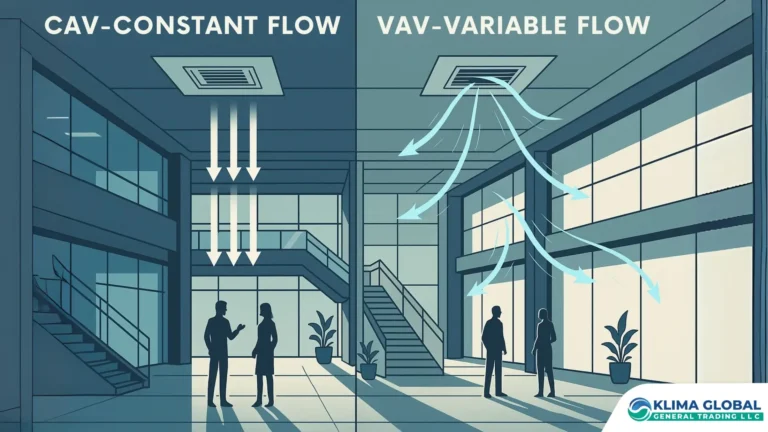 VAV vs CAV airflow comparison inside a GCC commercial building interior.