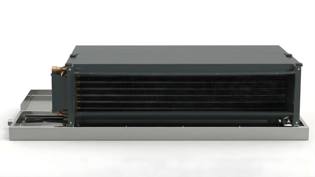 Wall-mounted and ducted Fan Coil Unit with internal cooling coil and blower fan