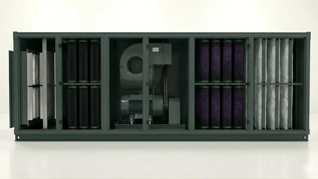 Open view of Ecology Unit showing internal multi-stage filtration components