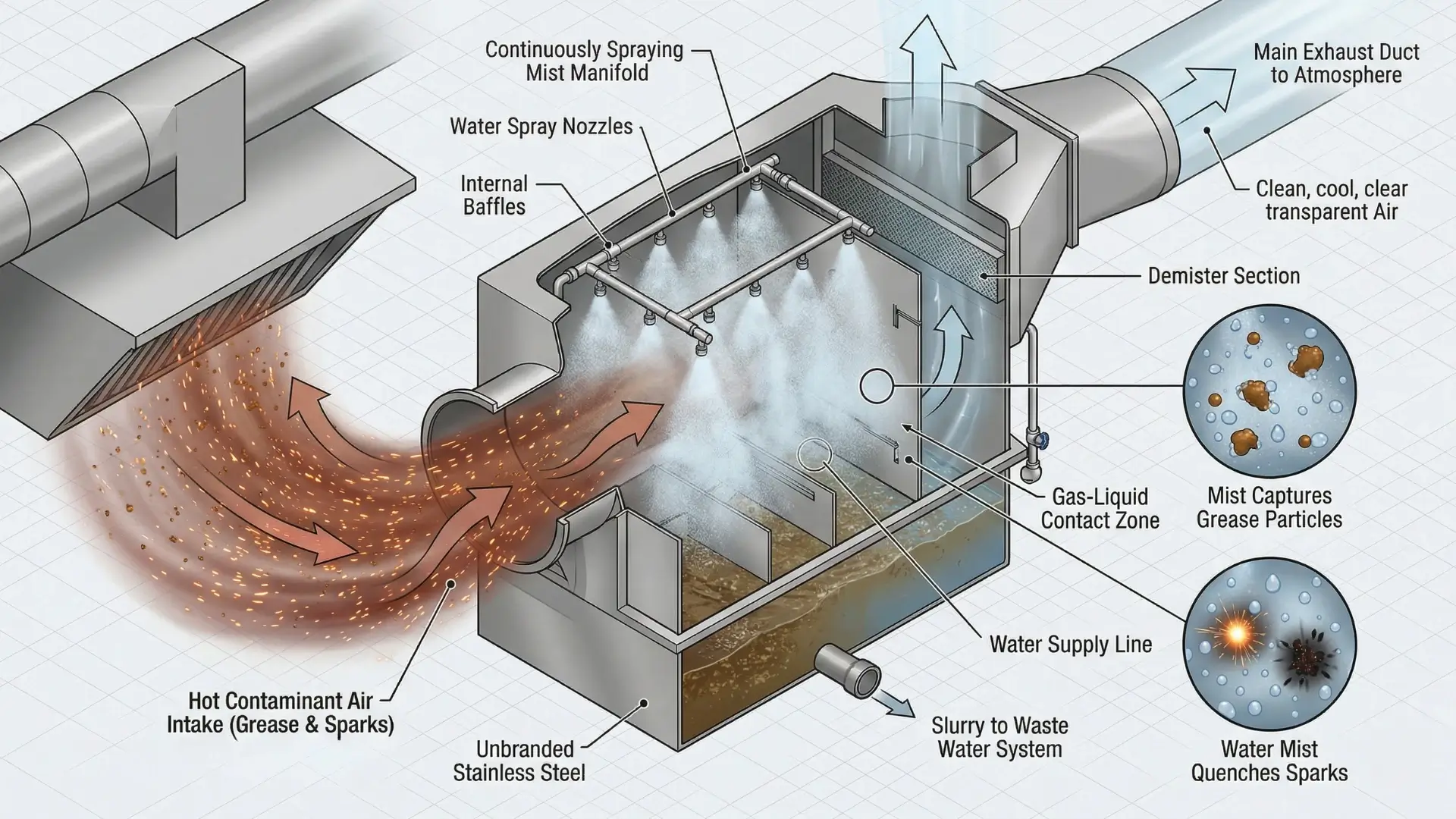 Working infographics of KVENT Aquafil Wet Scrubber.